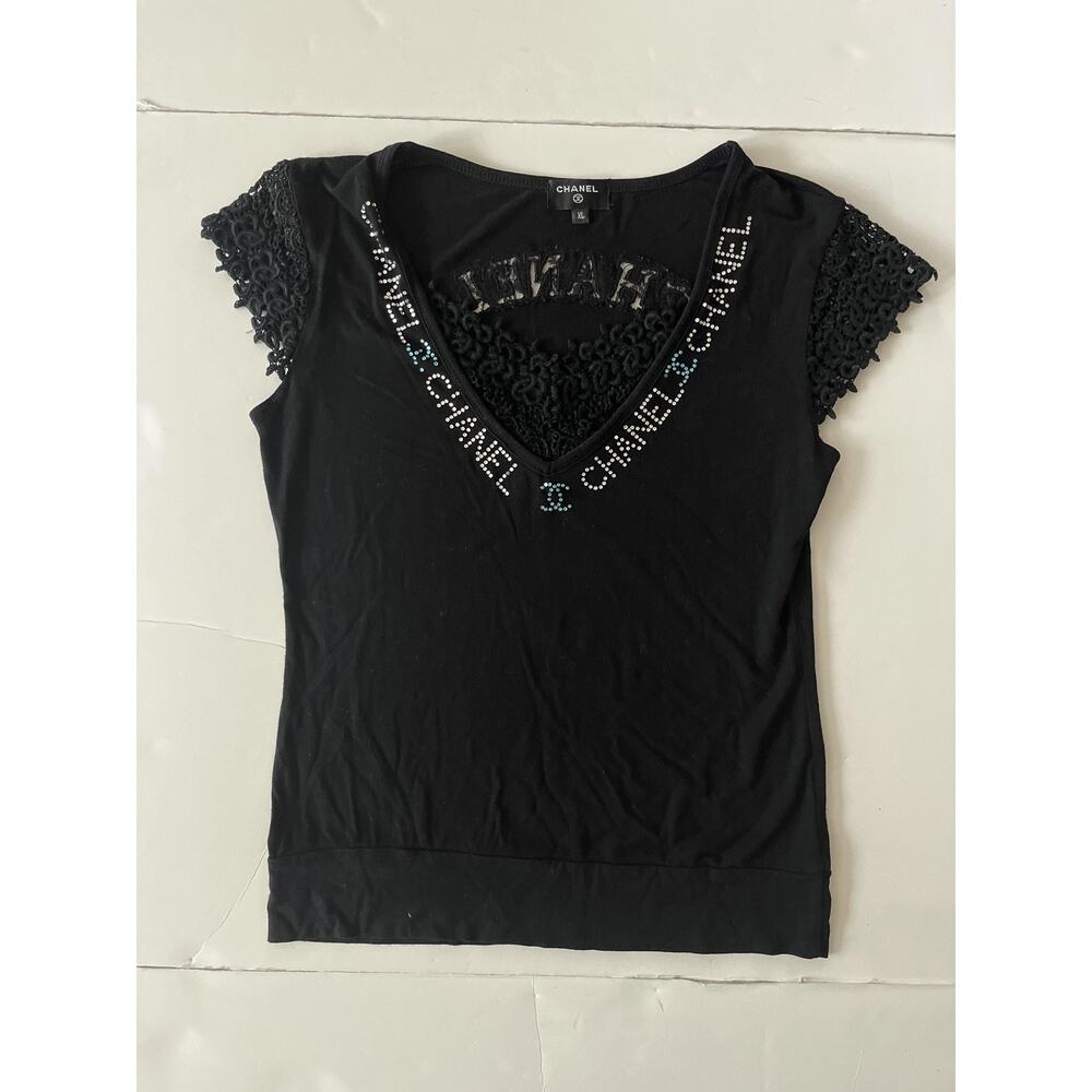 Chanel Shirt Womens XL Black Crochet Sleeve Rhinestone Logo V Neck Top Tee